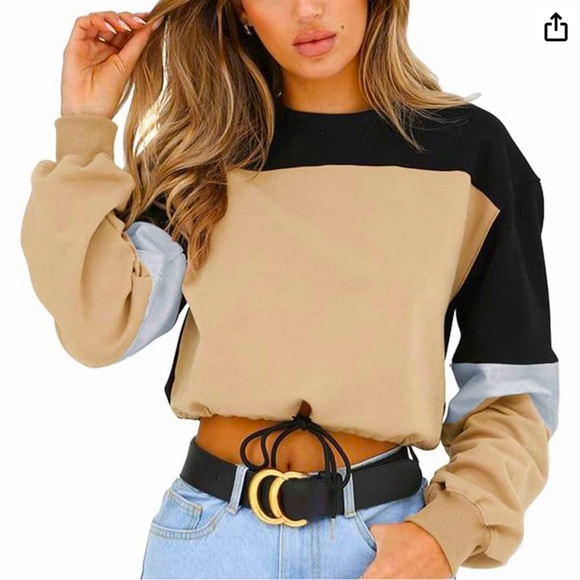 Tops - Angashion Colorblock Draw String Cropped Pullover Top